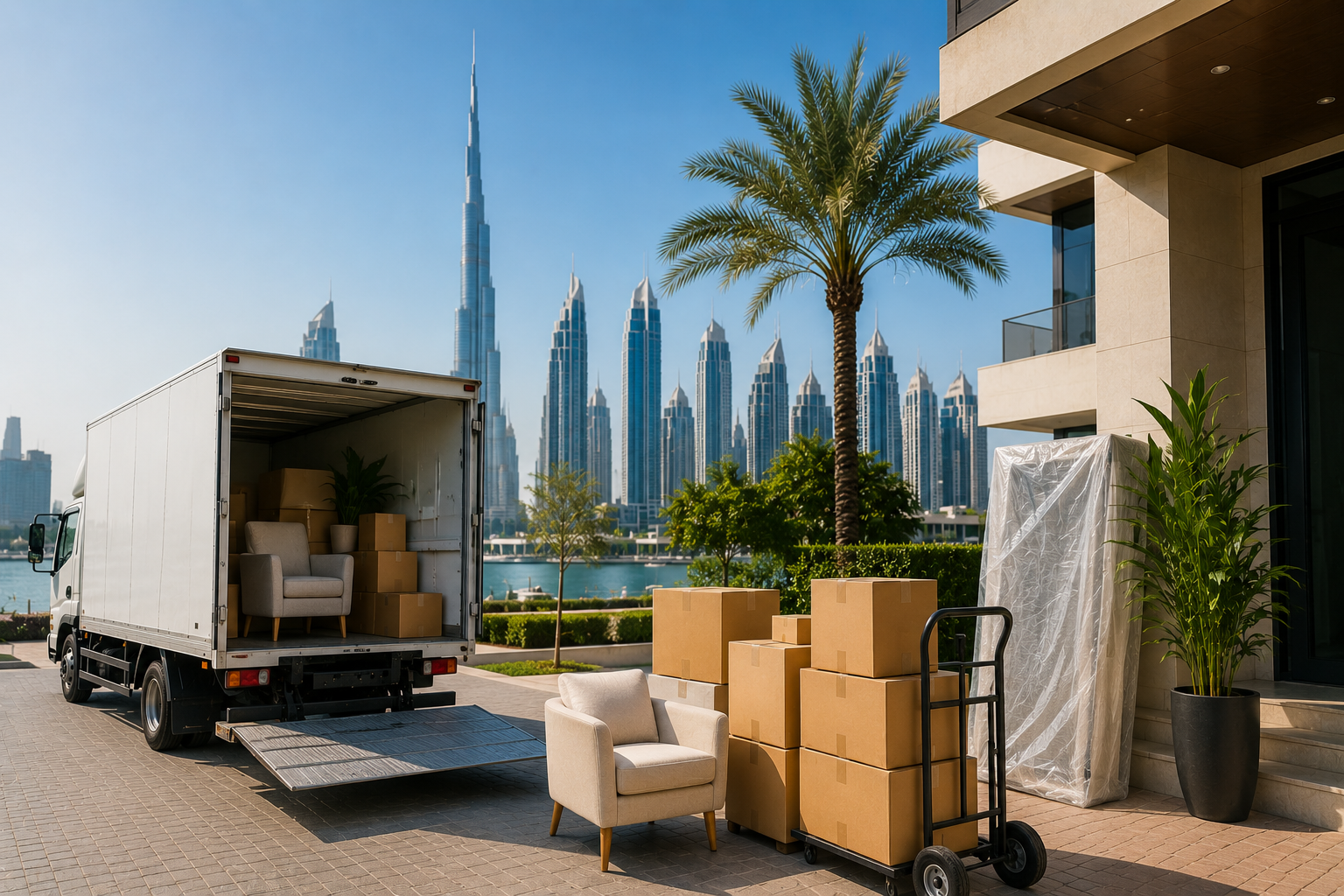Movers and packers in Dubai Marina loading packed boxes and household furniture into a moving truck outside a modern apartment with the Dubai skyline and Burj Khalifa in the background.