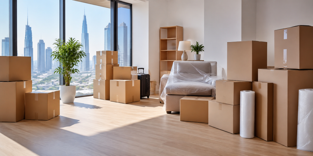 Packed moving boxes, wrapped furniture, and relocation supplies inside a modern Dubai apartment ready for a professional house move.