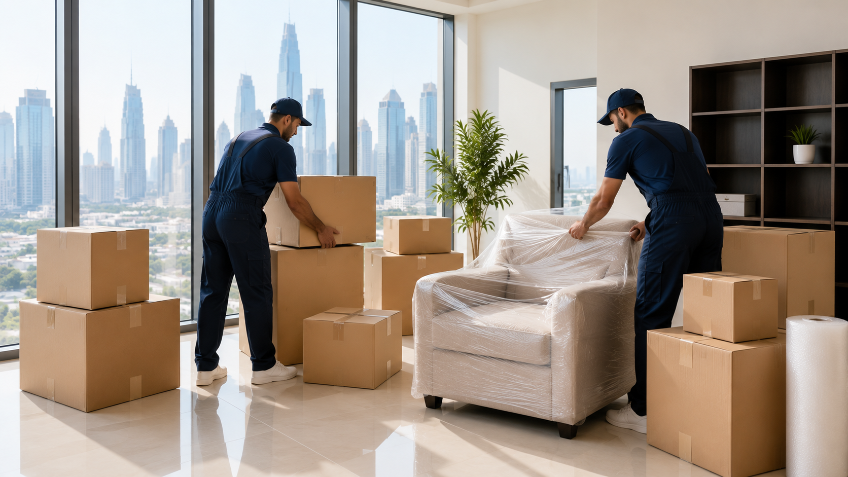 Expert movers and packers carefully packing furniture in a modern Dubai apartment during a home relocation.